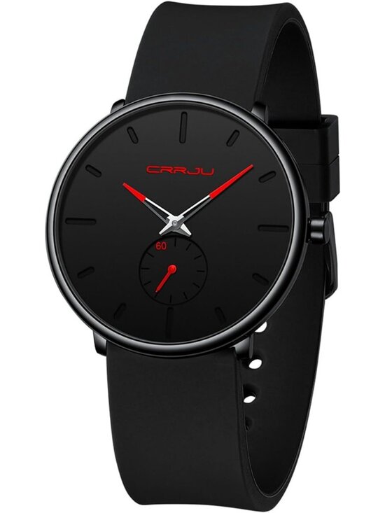 Unisex Black Red Casual Stylish Ultra Thin Silicone Band Waterproof Wristwatch